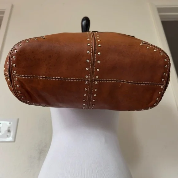 MICHAEL KORS Cognac Brown Gold Studded Leather Shoulder Tote Bag - Picture 3 of 16